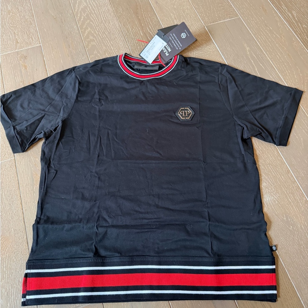 Philipp Plein Black Tee with Red and White Stripes